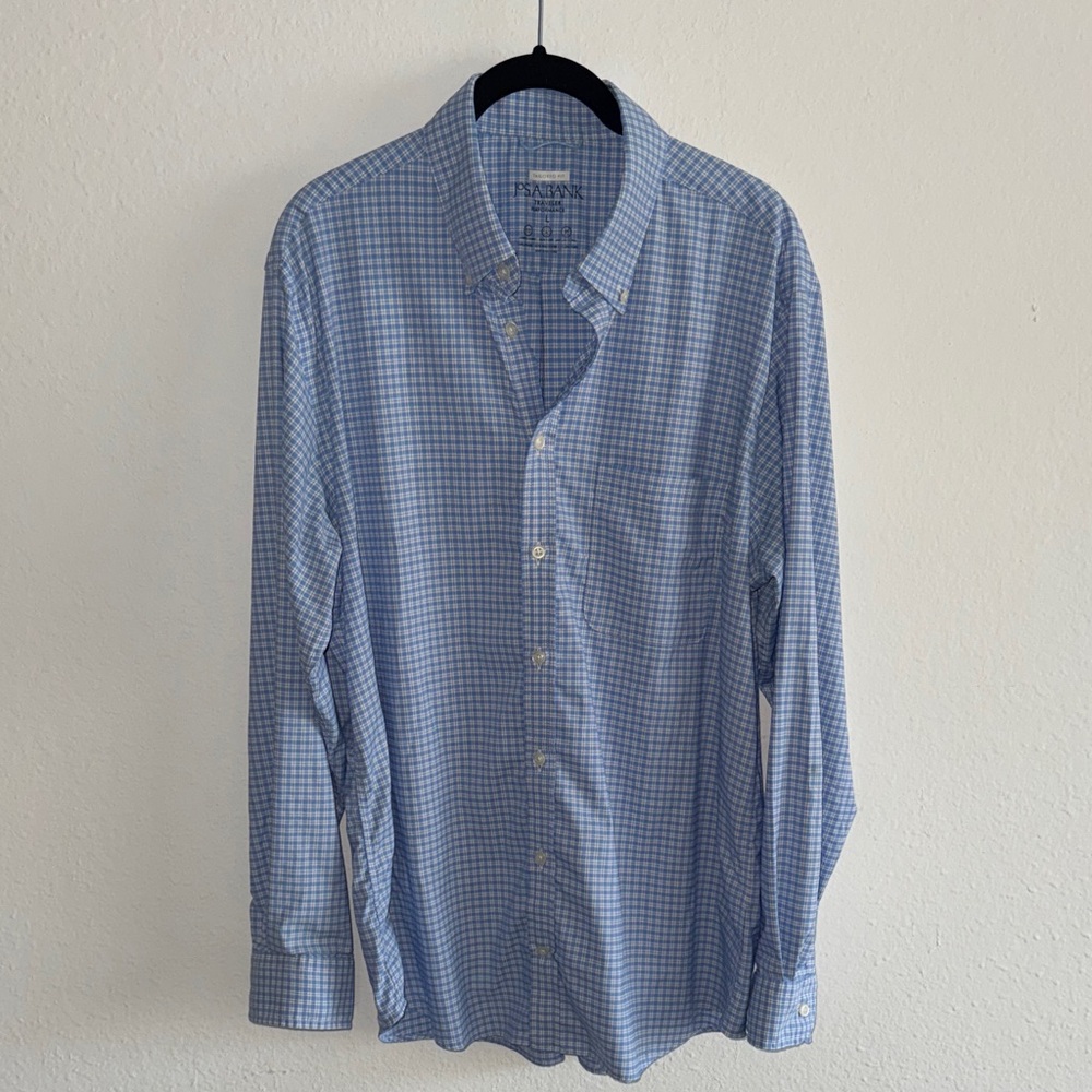 Jos. A. Bank Traveler Performance Light Blue Long Sleeve Plaid Shirt